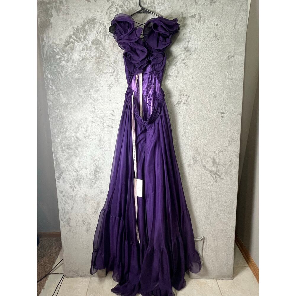 Mac Duggal Purple Ruffle Tiered Chiffon Cut-Out Evening Gown Maxi Dress 8 New - Picture 4 of 12